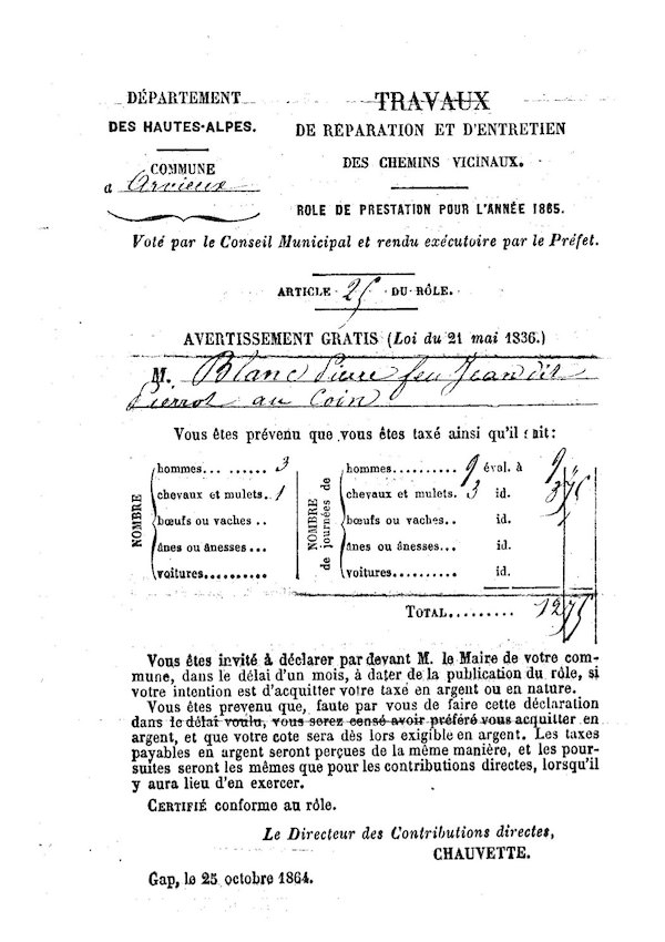 taxes de voirie 1865